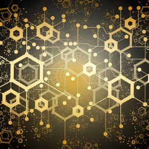 Könnte beinhalten: Abstrakter digitaler Hintergrund mit einem Netzwerk aus miteinander verbundenen sechseckigen Formen in Gold auf schwarzem Hintergrund.