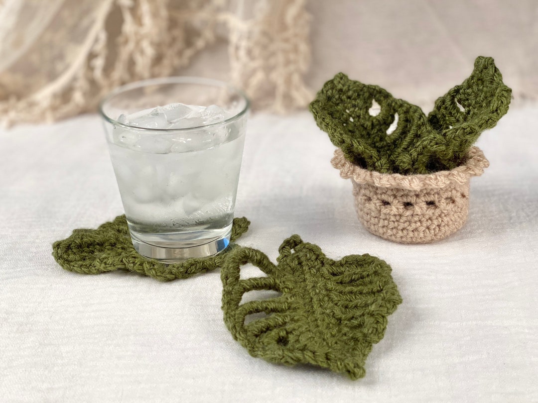 Crochet Monstera Leaf Coasters and Pot, Crochet Plant Pot Coasters