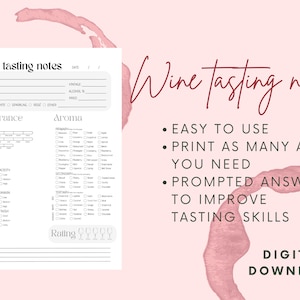 Puede incluir: Plantilla de notas de cata de vino imprimible con secciones para la apariencia, el aroma, el paladar y la calificación. La plantilla incluye indicaciones para detalles como el color, la dulzura, la acidez y los taninos. El texto "Notas de cata de vino" aparece en la parte superior de la página.