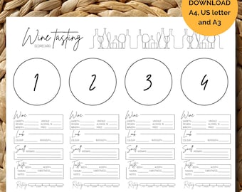 Peut inclure: Une fiche de dégustation de vin blanche imprimée à l'encre noire. Le design présente une illustration au trait de bouteilles et de verres, quatre cercles numérotés et des sections pour noter la variété, le millésime, la région, le degré d'alcool, le domaine, le prix, l'aspect, l'odeur, le goût et la note. Un cercle jaune indique : DIGITAL DOWNLOAD A4, US letter and A3.