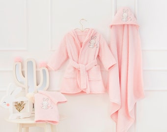 BABY BATHROBE SET (4 pieces) / %100 Organic Cotton / Newborn Gift Set / Baby Shower Gift / Baby Hooded Towel / Bathroom Baby Gift Box