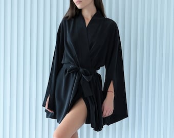 Black Silk Kimono / Bridal Silk Kimono Robe / Pure Silk Kimono / Loungewear / Nightgown / Bridesmaid dress / Handmade Luxury Brand / Couture
