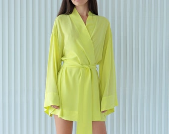 Silk Kimono / Yellow Silk Kimono Robe / Pure Silk Kimono / Loungewear / Nightgown / Bridesmaid dress / Handmade Luxury Brand / Couture