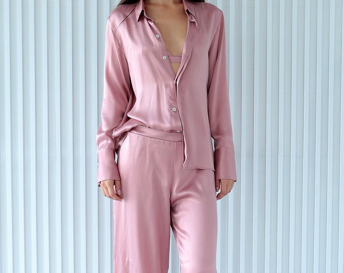 Pink Silk Pyjamas Set, 100% Silk Pink Shirt Pant / Silk Pink Shirt / Silk Pink Pajama, Bridal Pyjamas, Personalized Design