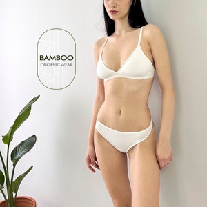 Bamboo White Lingerie Set, Comfy Bralette & Thong, Organic Comfort Underwear, Breathable Bra Panty, Sustainable Handmade Lingerie, Sleep Bra