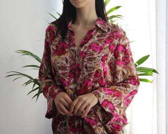 Floral Pattern Silk Pyjamas Set, 100% Silk Flower Shirt Pant, Silk Shirt, Silk Pajamas, Relaxed Pyjamas, Comfy Pyjama, Personalized Design