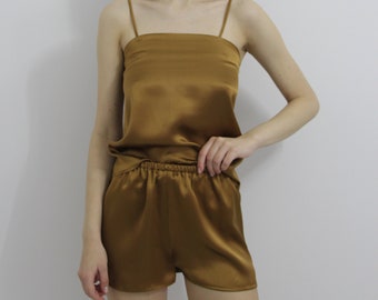 Cinnamon Brown Silk Camisole & Shorts Set, 100% Silk Home Wear, Cami Shorts Sets, Silk Panty, Nightgown Set,  Pajama, Personalized Design