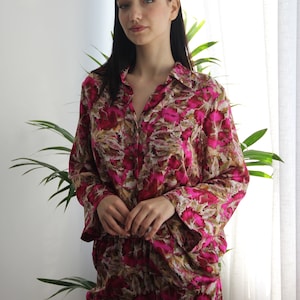 Floral 100% Silk Pajama Set: Custom Design Shirt & Pants