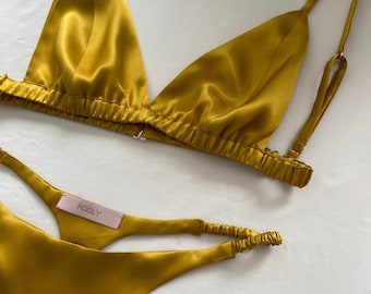Mustard Yellow Silk Lingerie Set, 100% Silk Bralette & Thong, Silk Satin Bra Brief, Intimates Classy Lingerie, Personalized Design