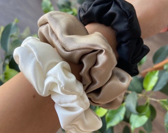 Black Beige White Set of 3 Silk Scrunchies, Soft Silk Scrunchies, Anti Frizz hair Elastics, Handmade Silk Scrunchies, Women's Hair Band, Lux