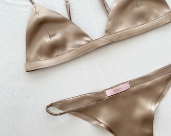 Set di lingerie in seta beige, reggiseno e slip brasiliani color carne al 100% in seta, reggiseno e slip in raso di seta, lingerie intima di classe, design personalizzato
