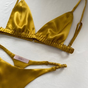 Mustard Yellow Silk Lingerie Set, 100% Silk Bralette & Thong, Silk Satin Bra Brief, Intimates Classy Lingerie, Personalized Design