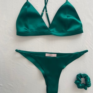 Emerald Silk Lingerie Set, 100% Silk Bralette & Thong, Silk Satin Bra Brief, Intimates Classy Lingerie, Personalized Design