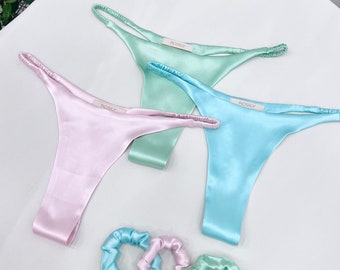 3 Pieces Silk Thong Set, Green Thong, Pink Thong, Blue Thong, Silk Satin Thong Set, Intimates Classy Lingerie, Personalized Design, Gift