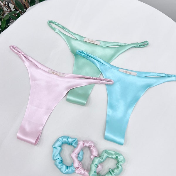 3 Pieces Silk Thong Set, Green Thong, Pink Thong, Blue Thong, Silk Satin Thong Set, Intimates Classy Lingerie, Personalized Design, Gift