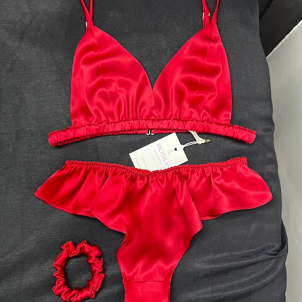 Red 100%  Silk Lingerie Set, Silk Bra Ruffled Thong, Classy Bra Brief, Bra & French Panty, Silk Satin Underwear, Triangle Bra, Custom Gift