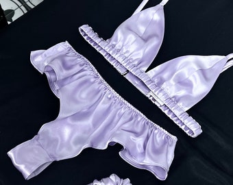 Lilac 100%  Silk Lingerie Set, Silk Bra Ruffled Thong, Classy Bra Brief, Bra & French Panty, Silk Satin Underwear, Triangle Bra, Custom Gift