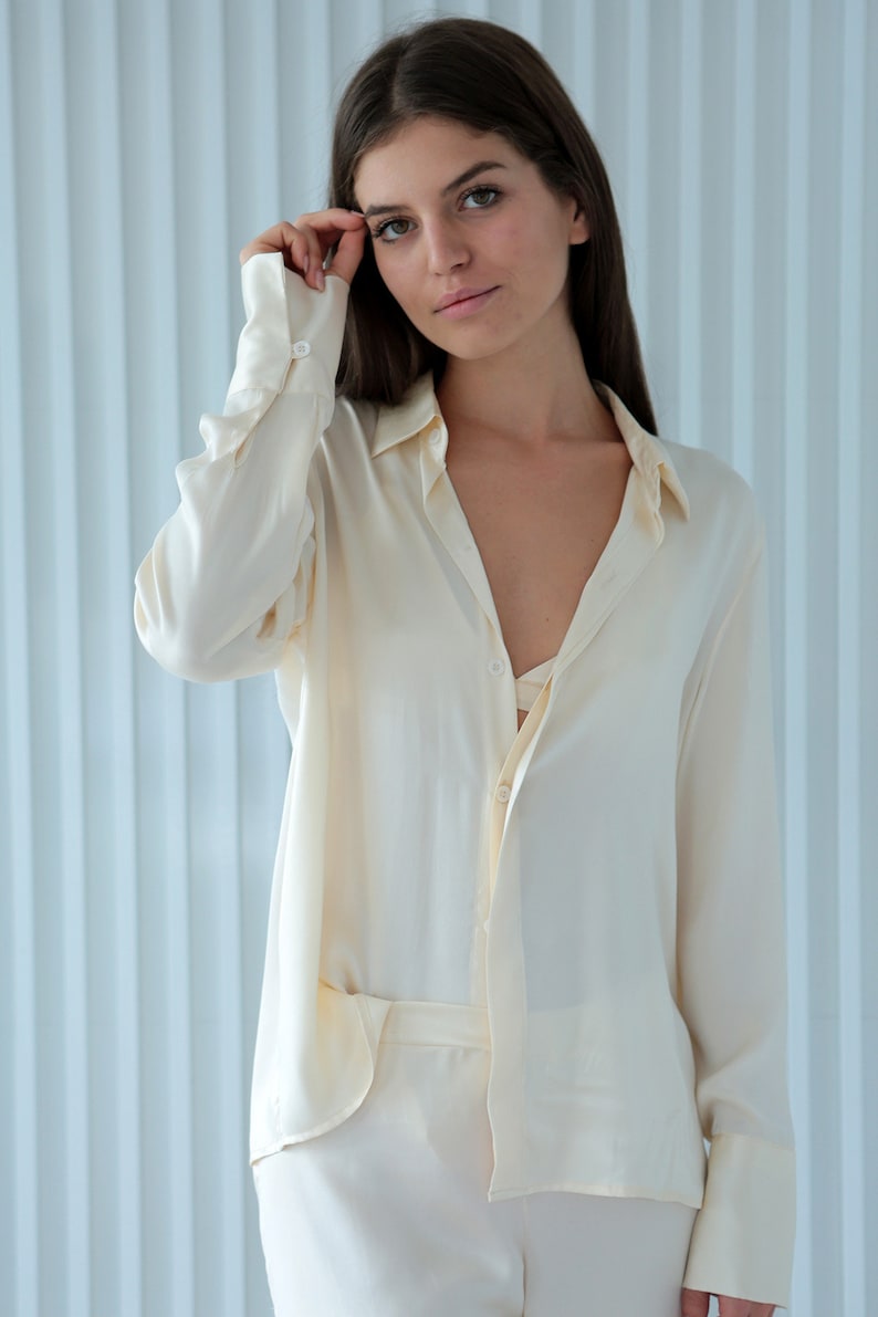 Ivory Silk Pyjamas Set, 100% Silk White Shirt Pant / Silk White Shirt / Silk White Pajama, Bridal Pyjamas, Personalized Design image 2