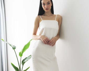 White Silk Dress, Classy Dress, Midi Satin Dress, White Silk Slip Dress Midi with Square Neck Personalized Design, Handmade Women's Clothing