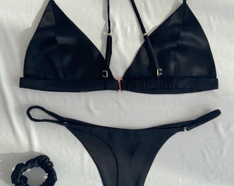 Conjunto de lencería de seda negra, bralette y tanga 100 seda