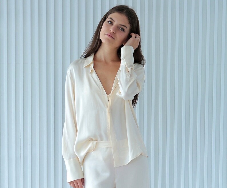 Ivory Silk Shirt, 100% Silk Ivory Shirt, Classy Shirt, White Pure Silk Shirt, Luxury Shirt, Personalized Design, Handmade Women's Clothing image 7