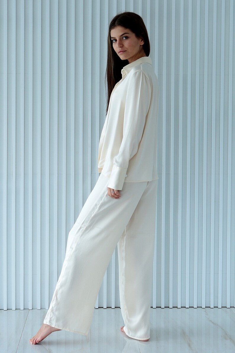 Ivory Silk Pyjamas Set, 100% Silk White Shirt Pant / Silk White Shirt / Silk White Pajama, Bridal Pyjamas, Personalized Design image 6