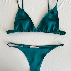 Peacock Silk Lingerie Set, 100% Silk Bralette & Thong, Silk Satin Bra Brief, Intimates Classy Lingerie, Personalized Design
