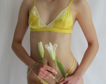 Yellow Silk Lace Lingerie Set, 100% Silk Bralette & Thong, Silk Satin Bra Brief, Intimates Classy Lingerie, Personalized Design