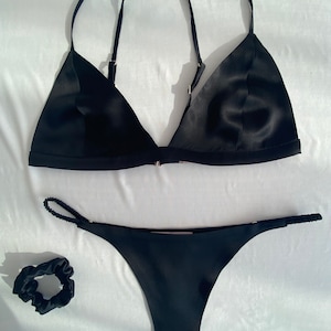 Black Silk Lingerie Set, 100% Silk Bralette & Thong, Silk Satin Bra Brief, Intimates Classy Lingerie, Personalized Design