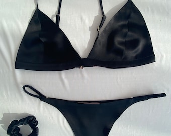 Black Silk Lingerie Set, 100% Silk Bralette & Thong, Silk Satin Bra Brief, Intimates Classy Lingerie, Personalized Design
