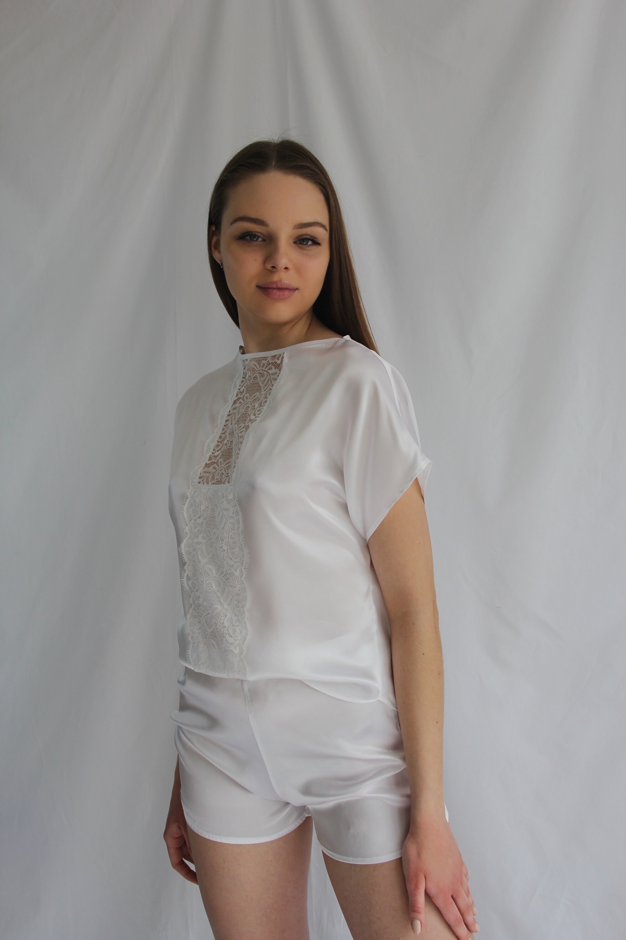 white silk pajama set shorts
