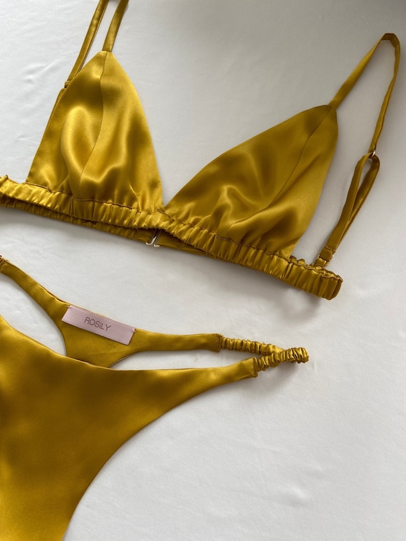 Mustard Yellow Silk Lingerie Set, 100% Silk Bralette & Thong, Silk Satin Bra  Brief, Intimates Classy Lingerie, Personalized Design 