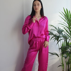 Fuchsia Silk Pajama Set: Handmade 100% Silk Shirt & Pants