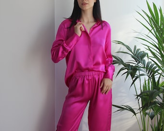 Pink Silk Pyjamas Set, 100% Silk Fuchsia Shirt Pant, Silk Shirt,Fuchsia Pink Silk Pajamas, Relaxed Pyjamas, Comfy Pyjama,Personalized Design