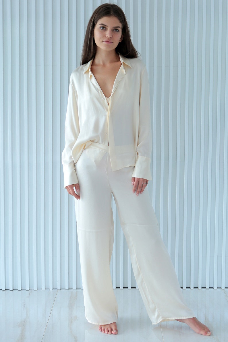 Ivory Silk Pyjamas Set, 100% Silk White Shirt Pant / Silk White Shirt / Silk White Pajama, Bridal Pyjamas, Personalized Design image 3