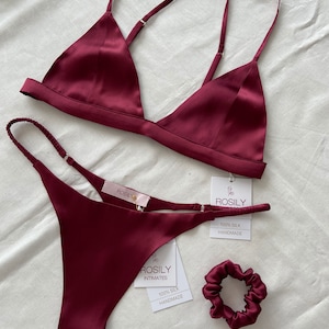 Burgundy Silk Lingerie Set, 100% Silk Bra & Thong, Silk Satin Bra Brief, Intimates Classy Lingerie, Personalized Design