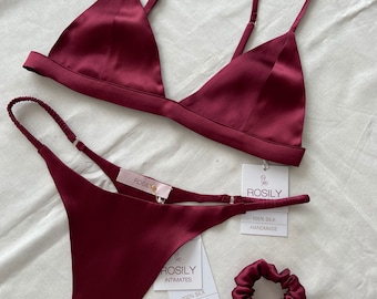 Burgundy Silk Lingerie Set, 100% Silk Bra & Thong, Silk Satin Bra Brief, Intimates Classy Lingerie, Personalized Design