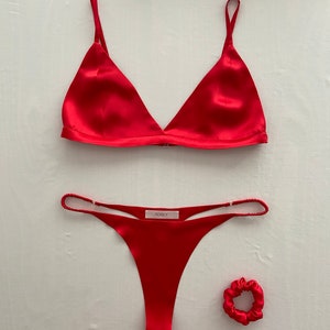 Red Silk Lingerie Set, 100% Silk Bralette & Thong, Silk Satin Bra