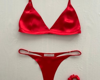 Red Silk Lingerie Set, 100% Silk Bralette & Thong, Silk Satin Bra Brief, Intimates Classy Lingerie, Personalized Design