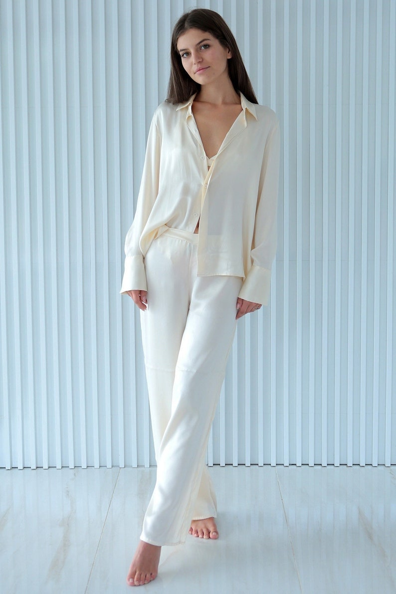 Ivory Silk Pyjamas Set, 100% Silk White Shirt Pant / Silk White Shirt / Silk White Pajama, Bridal Pyjamas, Personalized Design image 1
