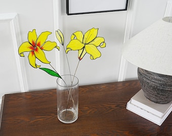 Yellow Lily 3D stained glass artificial flowers.Lily glass flower.Mother day gift.Console Table decor.Faux flowers in vase.Home decor