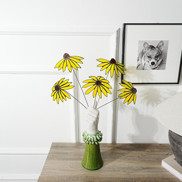 Stained Glass Black-Eyed Susan Bouquet: Set of 5 Copper Wire Flowers