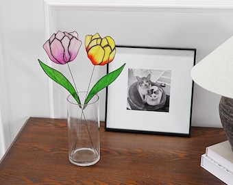 Tulips Stained glass 3D flowers,tulips artificial flowers,Faux flowers in vase,Table decor,Gift for mom,Mother day gift,Home decor