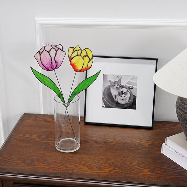Tulpen Buntglas 3D Blumen,Tulpen Kunstblumen,Kunstblumen in Vase,Tischdekoration,Geschenk für Mama,Muttertagsgeschenk,Wohndekoration