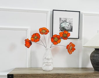 California Poppy set of 6 stained glass flowers-gift for her-Home decor-motherday gift-Poppy flower decor-Faux Flower in vase-Orange flower