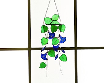 Blue Morning Glory Flower suncatcher Hanging window stained glass art-Home Decor-Nature vibe glass art-Inspired garden plant gift for mom