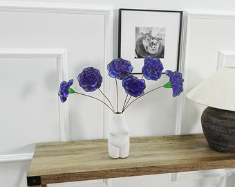 Conjunto de clavel azul de 6 flores de vidrieras-flor de clavel-flor de vidrio arte-decoración del hogar-flor sintética en jarrón-regalo para su regalo del día de la madre