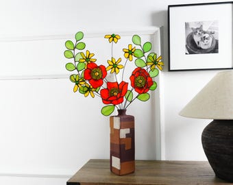 Handmade Stained Glass Poppy & Daisy Bouquet: Floral Home Decor