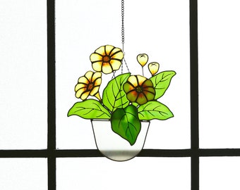 Sunflower stained glass hanging plant window decor-Flower deocr-plant lover gift-won't die plant decor