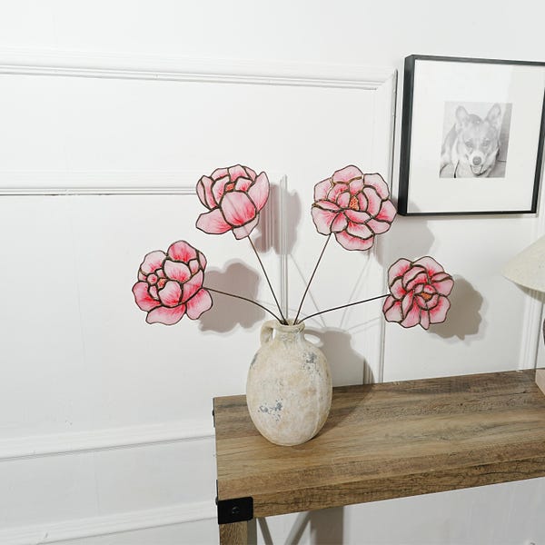Flores de peonía de vidrio coloreado rosa - Juego de 4 piezas hechas a mano estilo hogareño